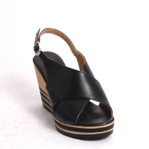 ITALIAN Black Leather Slingback Wedge Sandals